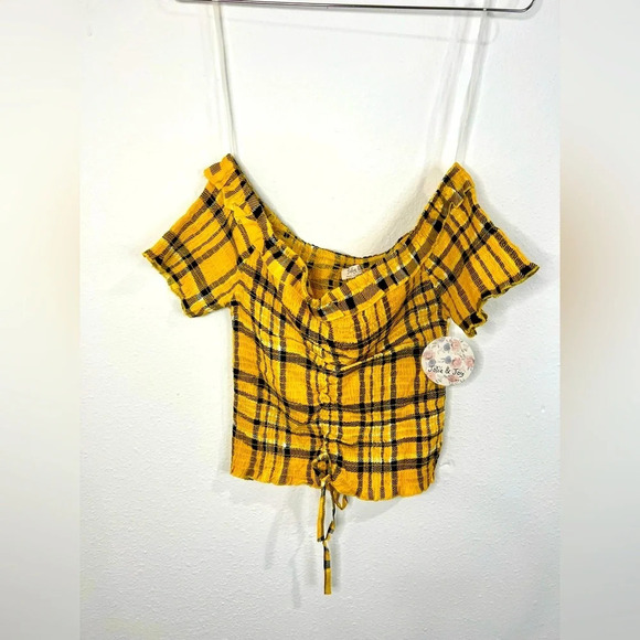 🆕 Jolie & Joy Yellow Plaid Off the Shoulder Path - Picture 3 of 9